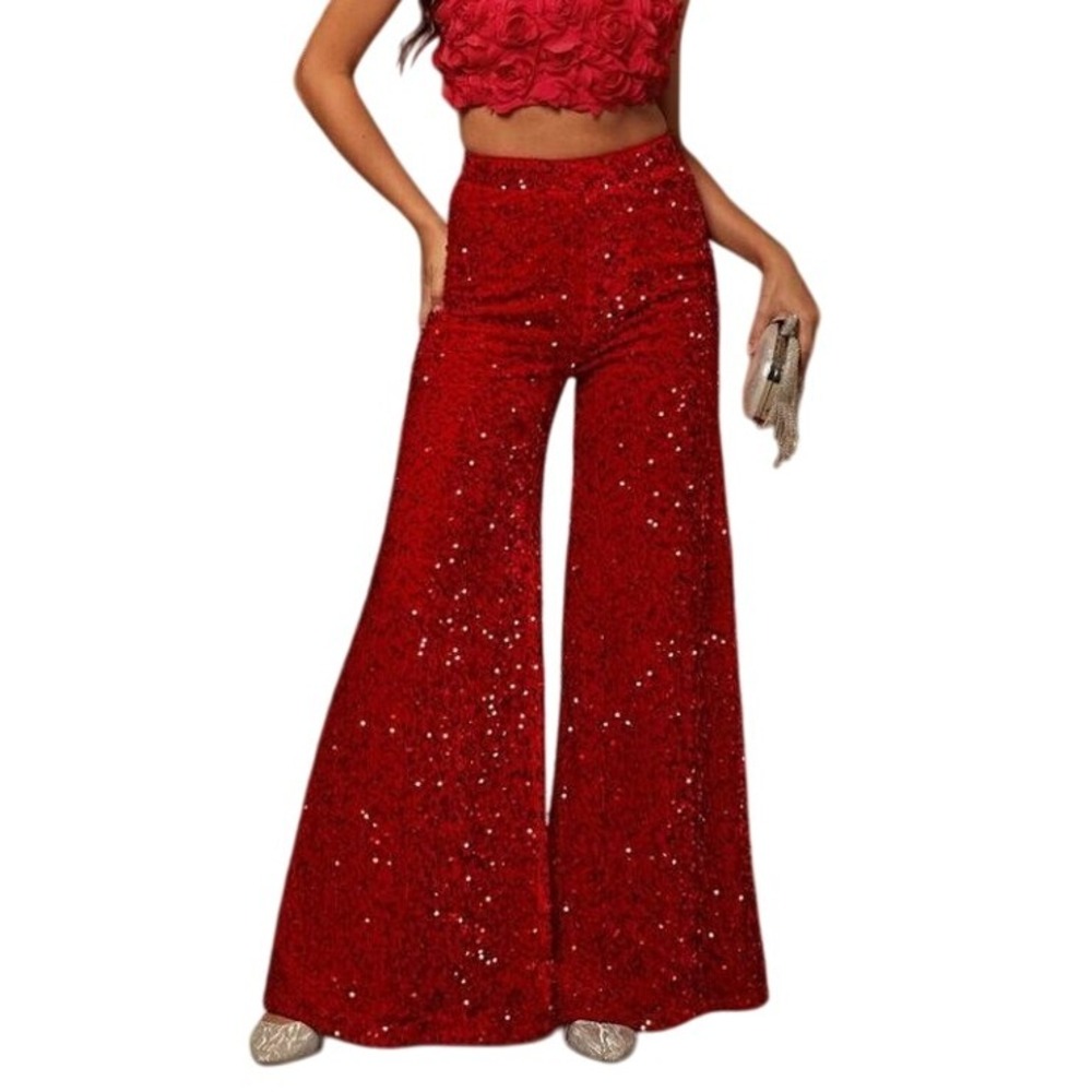 Red‎ sequins velvet stretch party cocktail cosplay wide leg palazzo  pants women